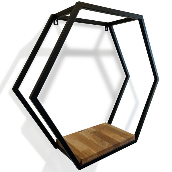 Metall Wandregal Loft-Regal HEXAGON Eiche 60CM 3DDesign Wand Eiche Regal mit Holzregalen, für Wohnung, Arbeitszimmer - Dekostyl #