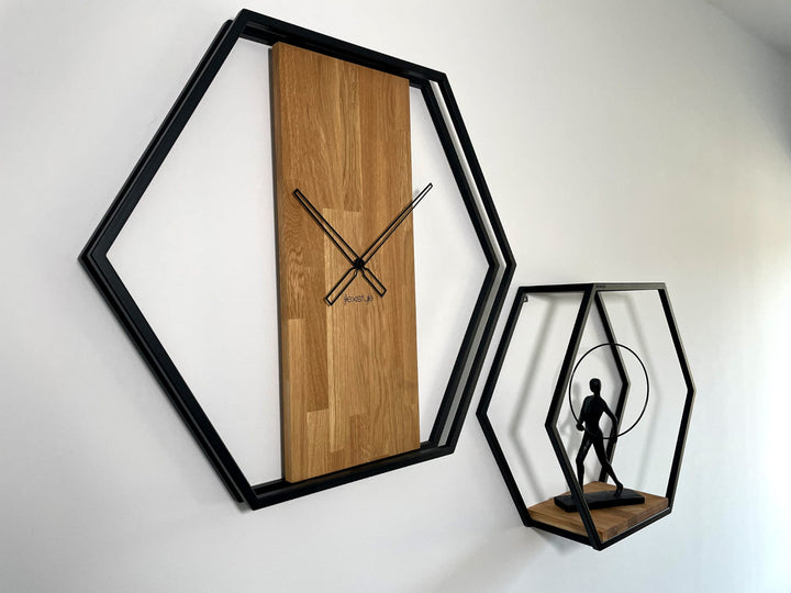 Metall Wandregal Loft-Regal HEXAGON Eiche 60CM 3DDesign Wand Eiche Regal mit Holzregalen, für Wohnung, Arbeitszimmer - Dekostyl #