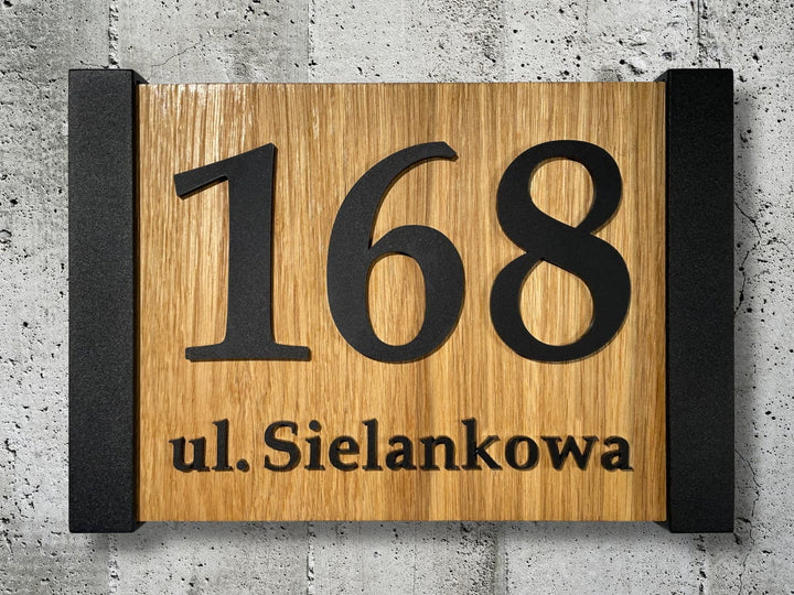 3d Hausnummernschild LOFT schwarze Ziffern, Hintergrund Eiche 30x40 oder 20x30cm Dekostyl