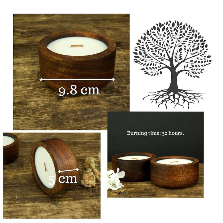 Handgefertigte Duftkerze in exotischem Holz 02 mit Holzdocht, 9,8 cm breit, 5 cm hoch, wiederverwendbar - Dekostyl #