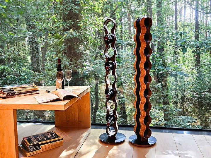 Weinregal aus natürlichem Holz und hochwertigem Kunstleder, handgefertigt, Leder-Einsatz, stilvolle Aufbewahrung Dekostyl